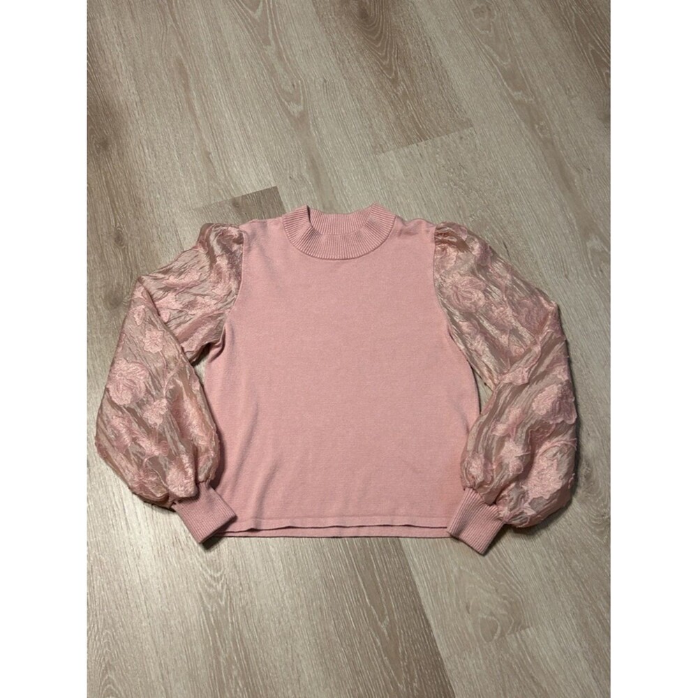 Versona Pink Satin Embroidered Floral Puffed Sleeve Knit Sweater sz Medium